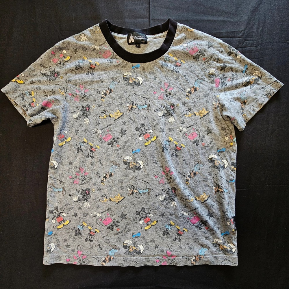 Hong Kong Disneyland Mickey & Friends All Over Print Ringer Tee Grey Medium